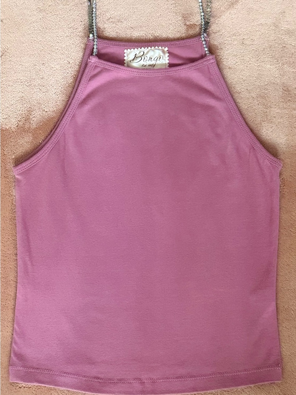 Vintage Bongo Rhinestone Strap Halter Tank Top Pink Size L Made in USA